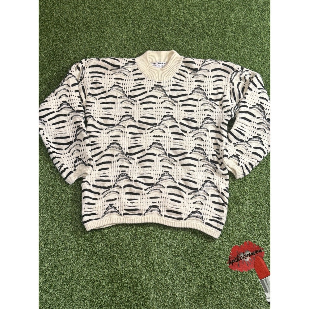 Vintage Kitty Hawk Sweater Womens Small Black White Abstract Cosby 80s 90s‎